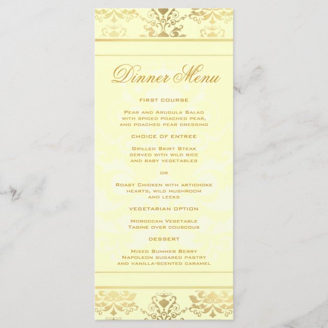 Ivory & Gold Damask Slim Dinner Menu (Front)