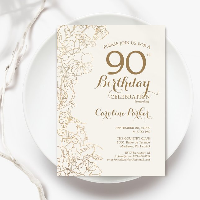 Ivory Gold Floral 90th Birthday Party Invitation (Creator Uploaded)