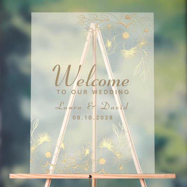 Ivory Gold Floral Acrylic Wedding Welcome Sign (Neutral)