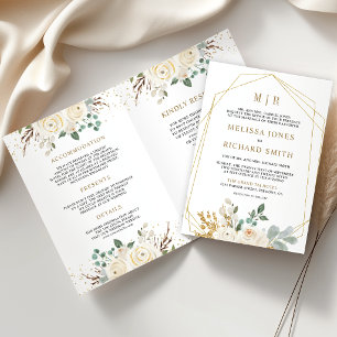 Ivory Gold Floral All in One QR Code Wedding Invitation