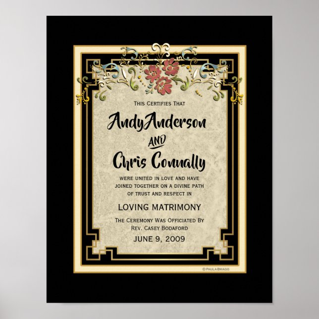 Ivory/Gold Floral Alternative Wedding Certificate Poster (Front)