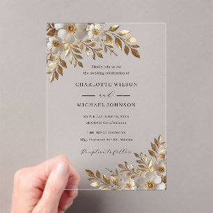 Ivory Gold Floral Bloom Acrylic Wedding  Invitations