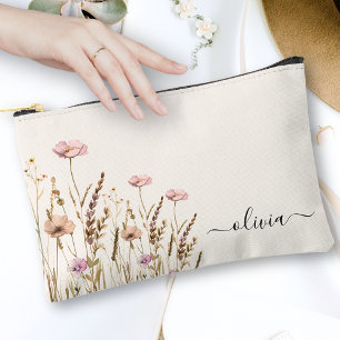 Ivory Gold Floral Name Monogram Accessory Pouch