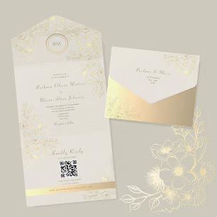 Ivory Gold Floral QR Code Wedding All In One Invitation