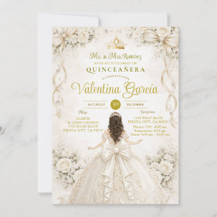  Ivory Gold Floral Quinceañera Princess Invitation