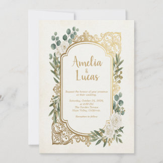 Ivory Gold Greenery Wedding Invitation Elegant