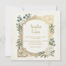 Ivory Gold Greenery Wedding Invitation Square
