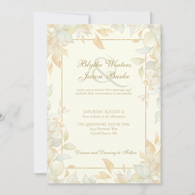 Ivory Gold Leafy Border Botanical Elegant Wedding Invitation (Front)
