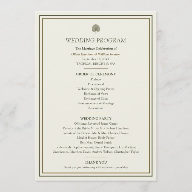 Ivory & Gold Palm Wedding Program (Front)
