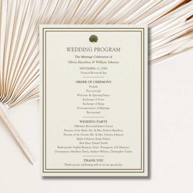 Ivory & Gold Palm Wedding Program (Ivory & Gold Palm wedding program with personalized ceremony order and wedding party details)