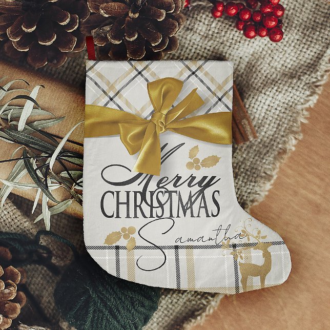Ivory & Gold Plaid Reindeer & Name Merry Christmas Large Christmas Stocking (ivory & cream & black with faux gold bow and reindeer personalized with name Christmas Stocking)