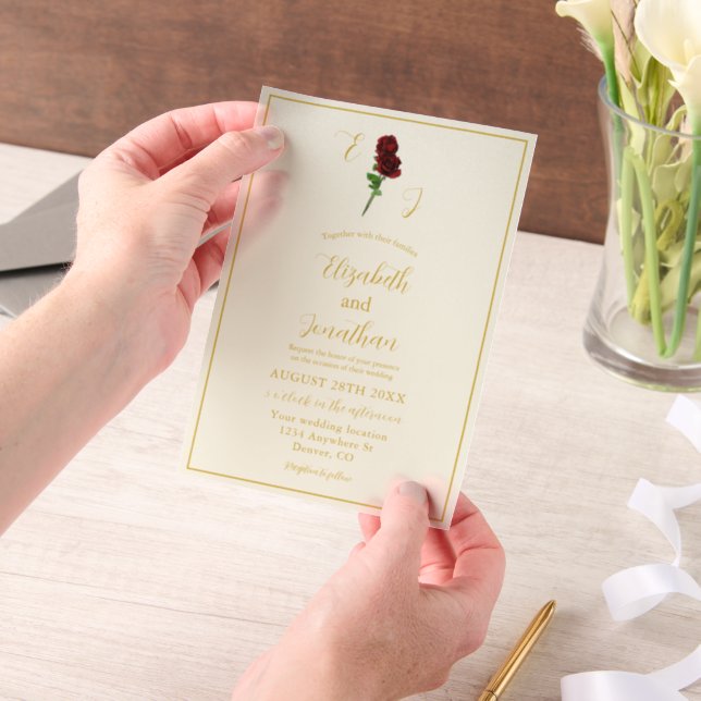 Ivory Gold Rose Wedding Vellum Invitations (Handheld)