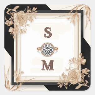 Ivory Gold Wedding Frame with Elegant Ornament Square Sticker