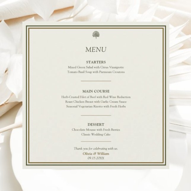 Ivory & Gold Wedding Menu Card | Elegant Classic (Elegant square wedding menu card with minimalist gold border and palm accents.)