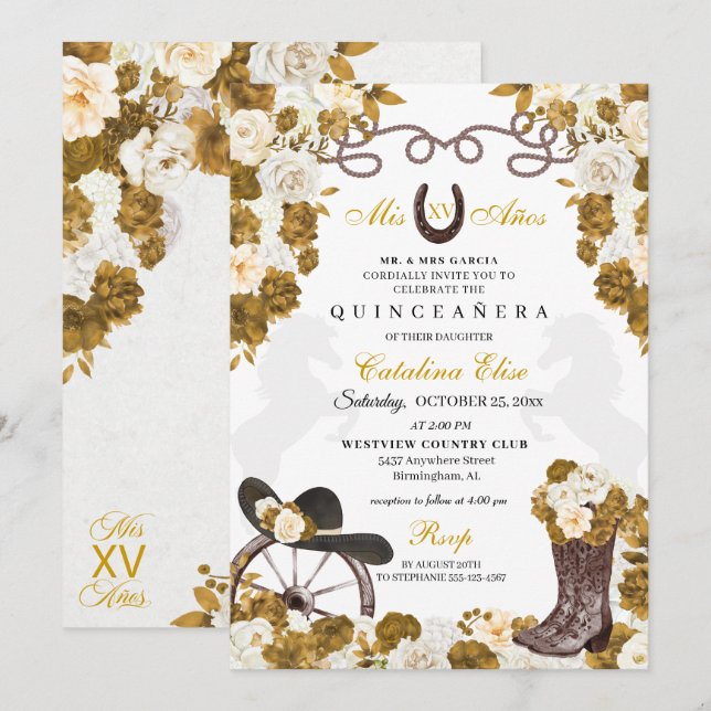 Ivory Gold Western Charro Boots Quinceanera Invitation (Front/Back)