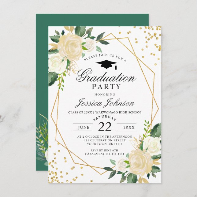 Ivory Golden Floral Modern Frame Graduation Party Invitation (Front/Back)
