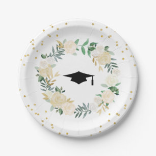 Ivory Golden Floral Modern Frame Graduation Party Paper Plate