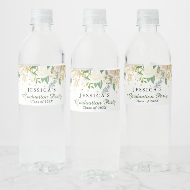 Ivory Golden Floral Modern Graduation Party Water Bottle Label (Bottles)