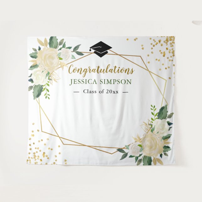 Ivory Golden Floral Modern Photo Grad Backdrop Tapestry (Front (Horizontal))