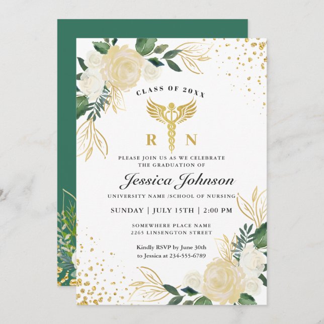 Ivory Golden Floral Nursing School Graduation Invitation (Front/Back)