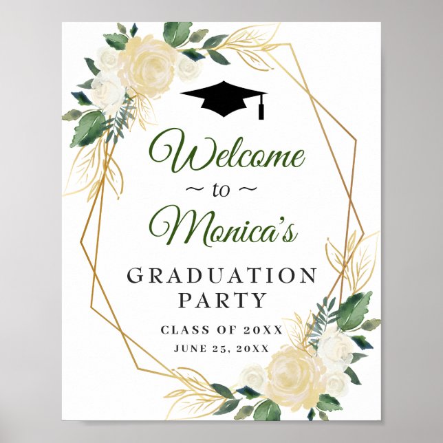 Ivory Golden Floral  Welcome Graduation Party Poster (Front)
