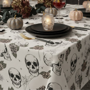Ivory Gothic Skulls and Roses Halloween Tablecloth