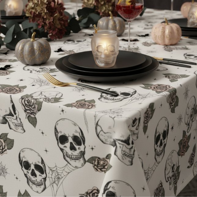 Ivory Gothic Skulls and Roses Halloween Tablecloth ( Spook Ivory Goth Floral Skulls Halloween, Dia de los Muertos Tablecloth. Gothic Skull, Rose Pattern)
