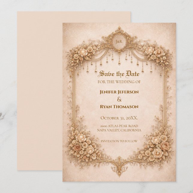 Ivory Gothic wedding save the date invitation (Front/Back)
