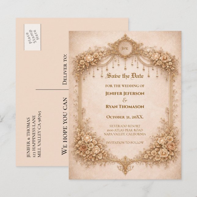 Ivory Gothic wedding save the date postcard (Front/Back)
