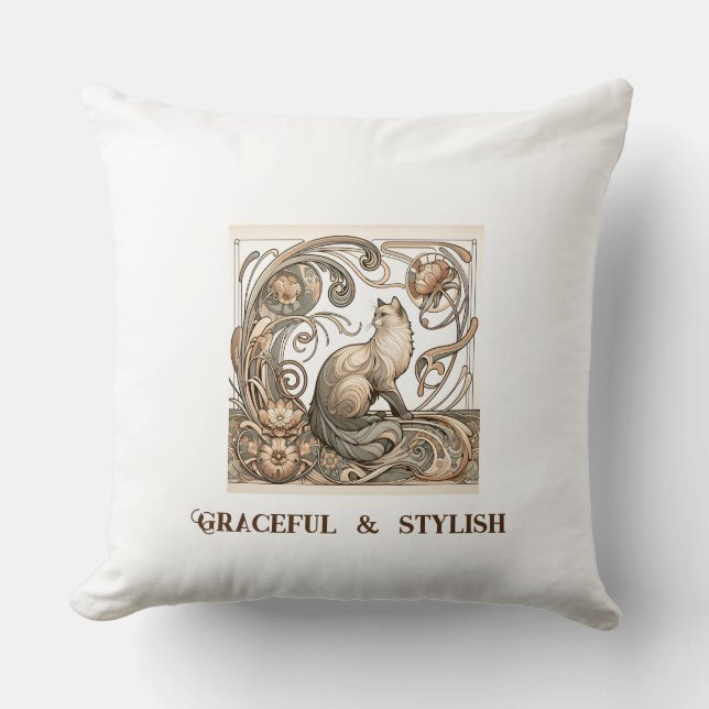 Ivory Graceful and Stylish Art Nouveau Cat Cushion (Front)