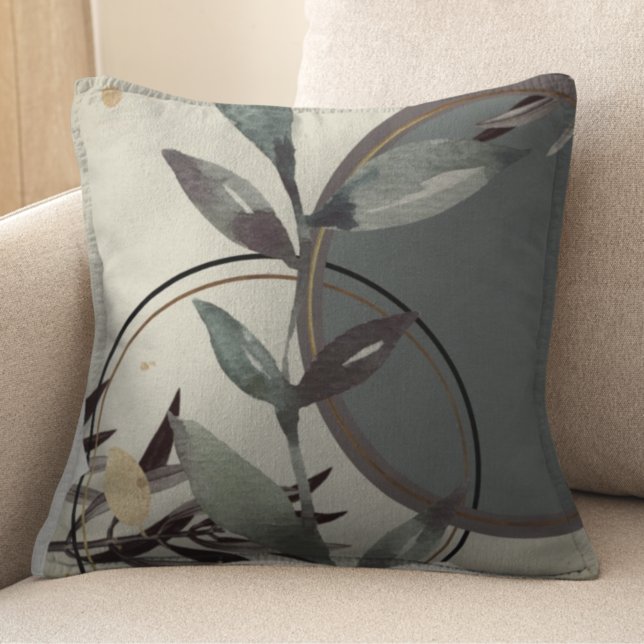 Ivory Gray & Green Earthy Zen Watercolor Leaves Cushion (Creator Uploaded)