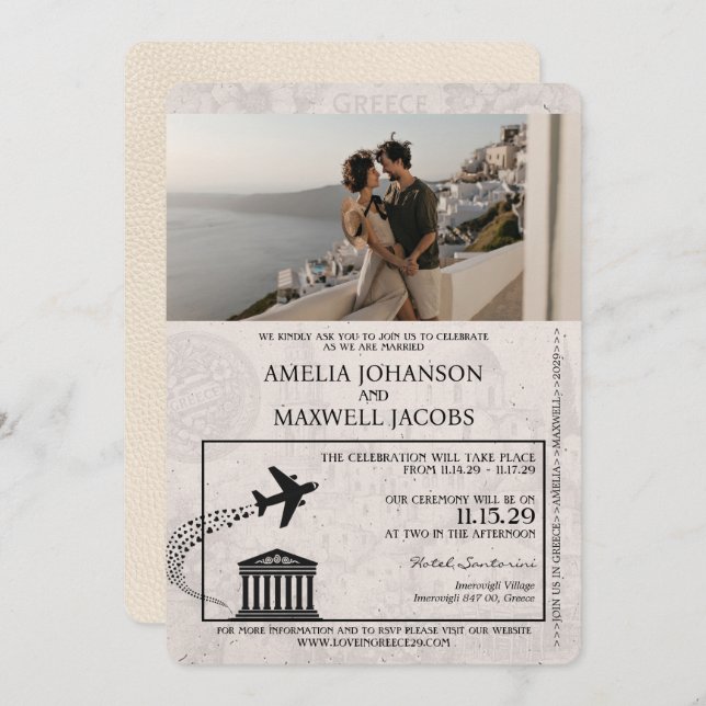 Ivory Greece Passport Wedding Invitation (Front/Back)