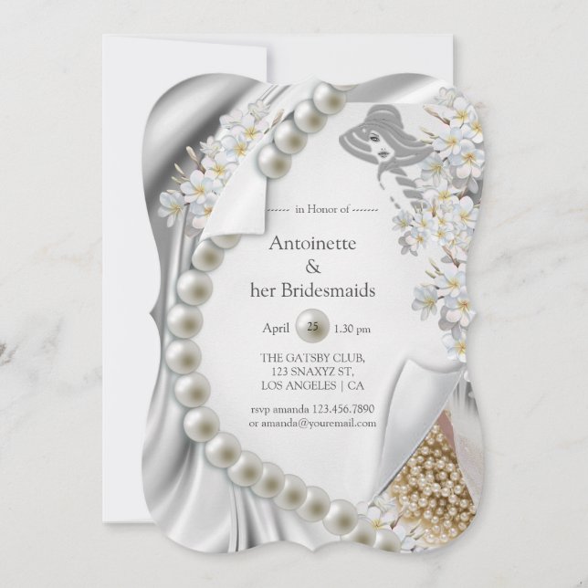 Ivory,Green,Blue,gold Silk & Pearls Bridal Party Invitation (Front)