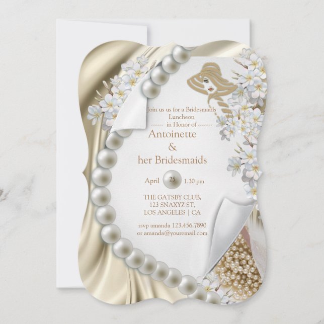 Ivory,Green,Blue,gold Silk & Pearls Bridal Party Invitation (Front)