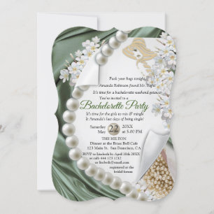 Ivory,Green,Blue,Gold Silk & Pearls Bridal Shower Invitation