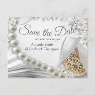 Ivory,Green,Blue,gold Silk & Pearls Save the Date Announcement Postcard