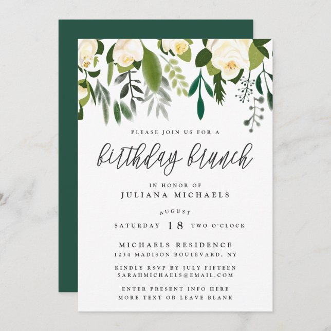 Ivory & Green Botanical Birthday Brunch Invitation (Front/Back)