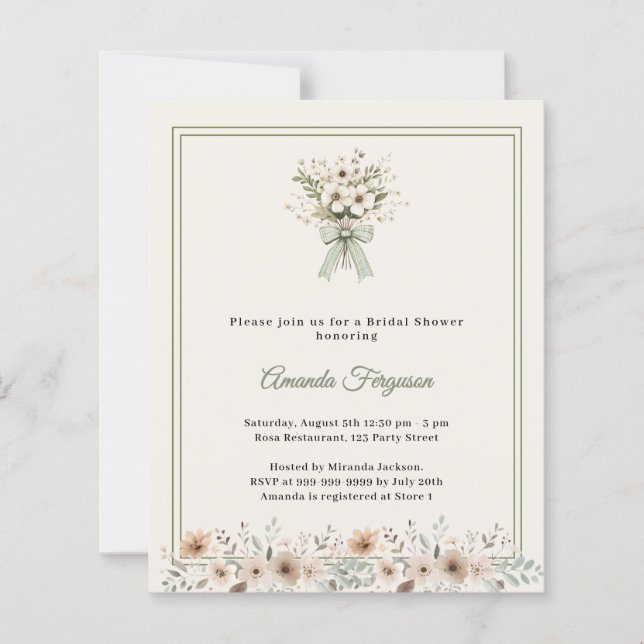 Ivory green florals Bridal Shower invitation (Front)