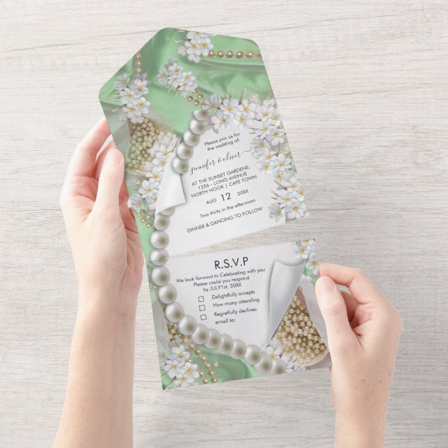 Ivory-Green-Gold Pearls All in One Wedding Invite (Tearaway)