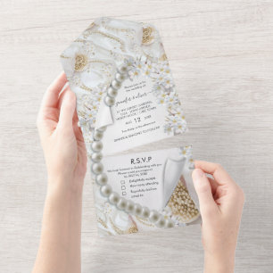 Ivory-Green-Gold Pearls All in One Wedding Invite