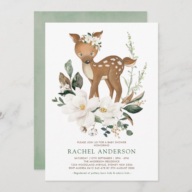 Ivory Green Magnolia Woodland Deer Baby Shower Invitation (Front/Back)