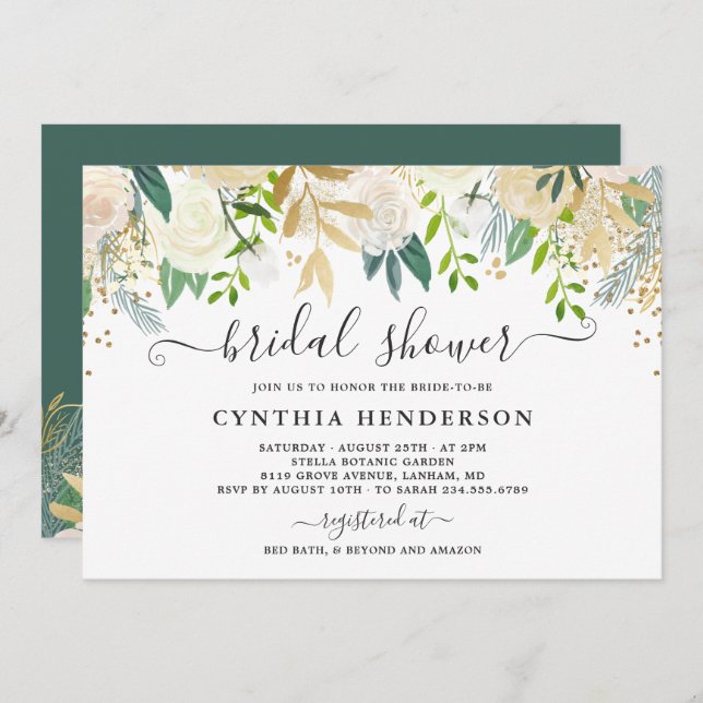 Ivory Greenery Gold Bloom Floral Bridal Shower Invitation (Front/Back)