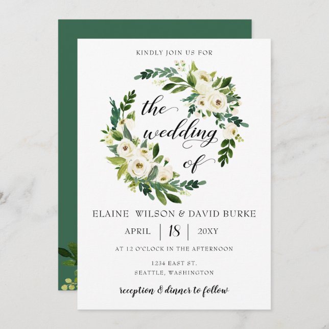 Ivory greenery white roses  floral wreath wedding invitation (Front/Back)