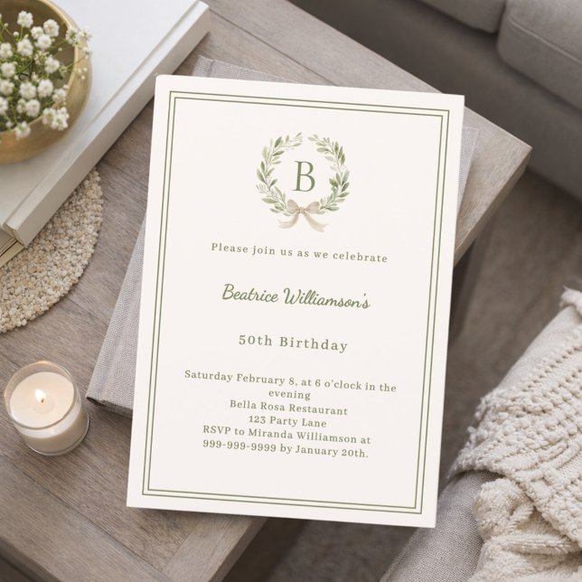 Ivory greenery wreath bow monogrammed Birthday Invitation (Creator Uploaded)