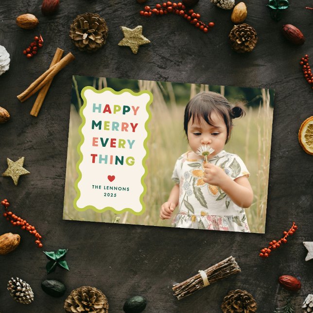 Ivory Happy Merry Wavy Christmas Photo Card (Creator Uploaded)