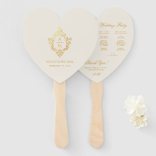 Ivory Heart Wedding Program Gold Crest Monogram Hand Fan