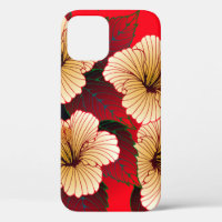 ivory hibiscus flowers seamless pattern on red