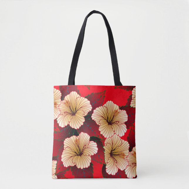 ivory hibiscus flowers seamless pattern on red tote bag (Front)
