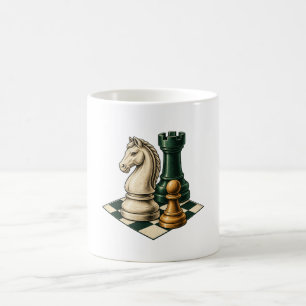 Ivory Knight Green Rook and Ochre Pawn Chess Art Coffee Mug
