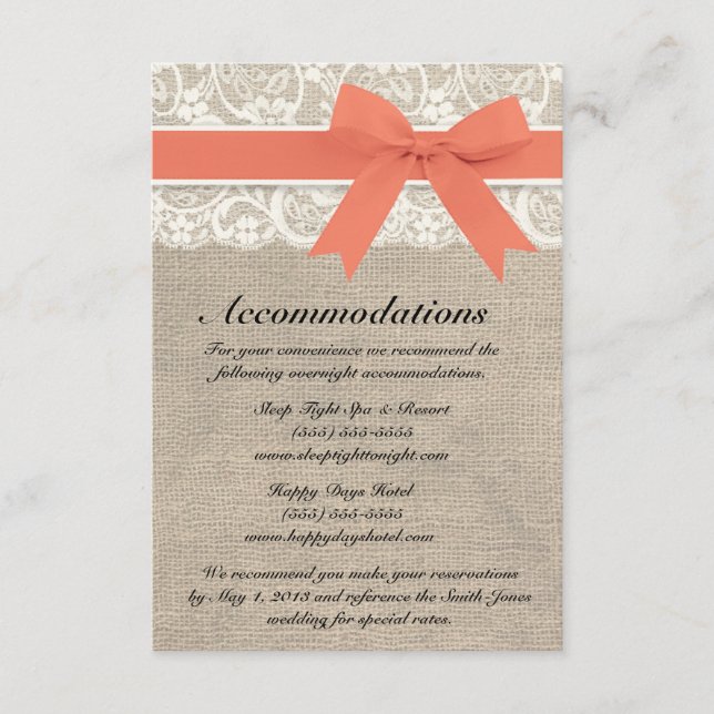 Ivory Lace and Burlap LookCoral Accommodation Card (Front)